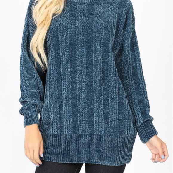 Zen Teal Blue Long Sleeve Cozy Chenille Sweater - Picture 4 of 5